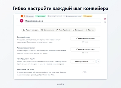 Контент-завод: генерация описаний товаров, статьей, SEO, переводов, свойств с помощью нейросетей (despi.aiconnector) - рішення на Бітрікс